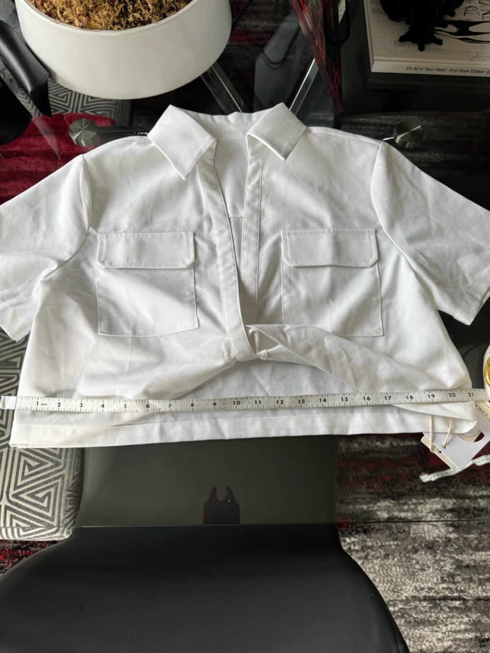 Commense Cropped White Cotton & Linen Button Front Shirt - Picture 7 of 9